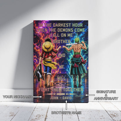 One Piece Luffy Zoro Canvas Wall Art - Call On Me Brother - Brotherhood Quote Poster & Framed Ready to Hang Living Room Man Cave Decor - OP005