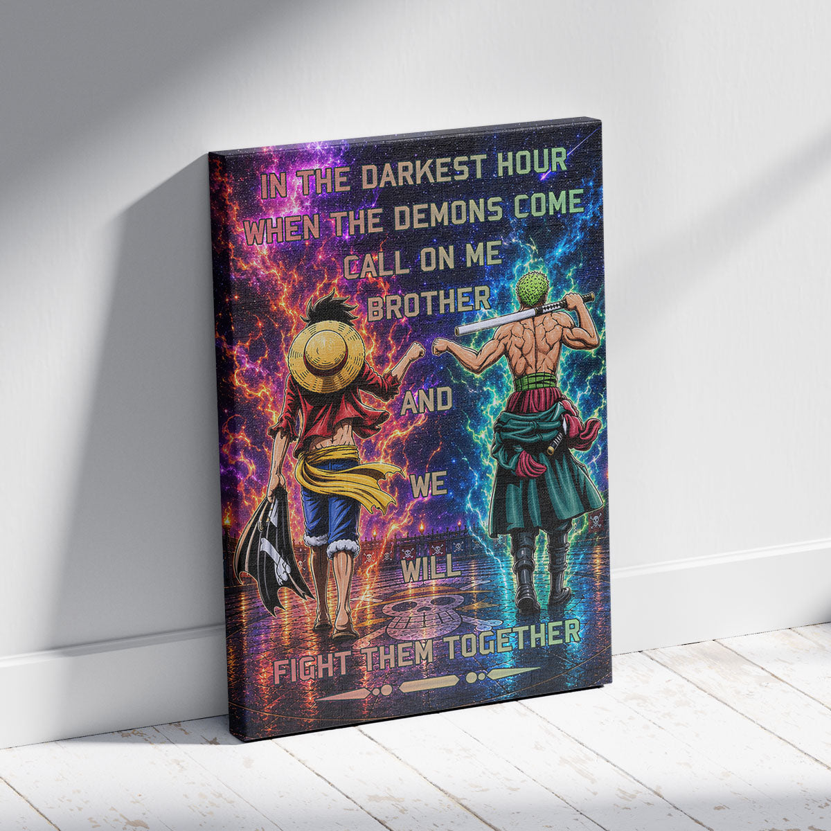 One Piece Luffy Zoro Canvas Wall Art - Call On Me Brother - Brotherhood Quote Poster & Framed Ready to Hang Living Room Man Cave Decor - OP005