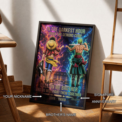 One Piece Luffy Zoro Canvas Wall Art - Call On Me Brother - Brotherhood Quote Poster & Framed Ready to Hang Living Room Man Cave Decor - OP006