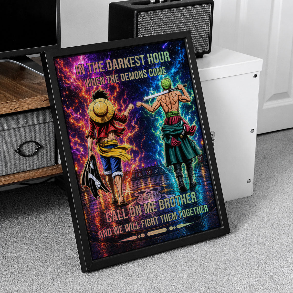 One Piece Luffy Zoro Canvas Wall Art - Call On Me Brother - Brotherhood Quote Poster & Framed Ready to Hang Living Room Man Cave Decor - OP006
