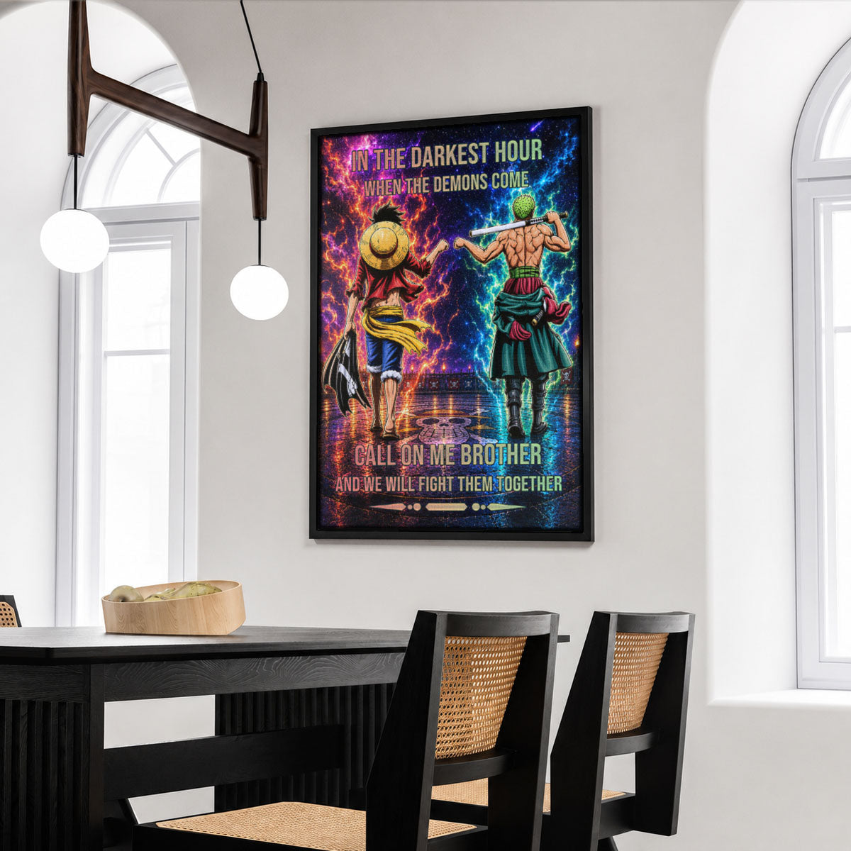 One Piece Luffy Zoro Canvas Wall Art - Call On Me Brother - Brotherhood Quote Poster & Framed Ready to Hang Living Room Man Cave Decor - OP006