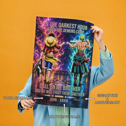 One Piece Luffy Zoro Canvas Wall Art - Call On Me Brother - Brotherhood Quote Poster & Framed Ready to Hang Living Room Man Cave Decor - OP006