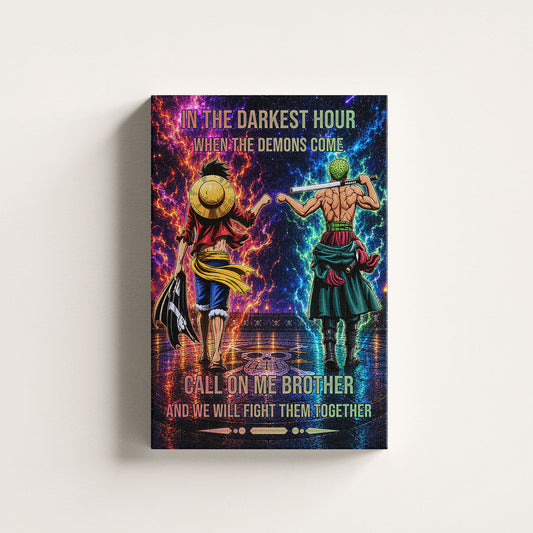 One Piece Luffy Zoro Canvas Wall Art - Call On Me Brother - Brotherhood Quote Poster & Framed Ready to Hang Living Room Man Cave Decor - OP006