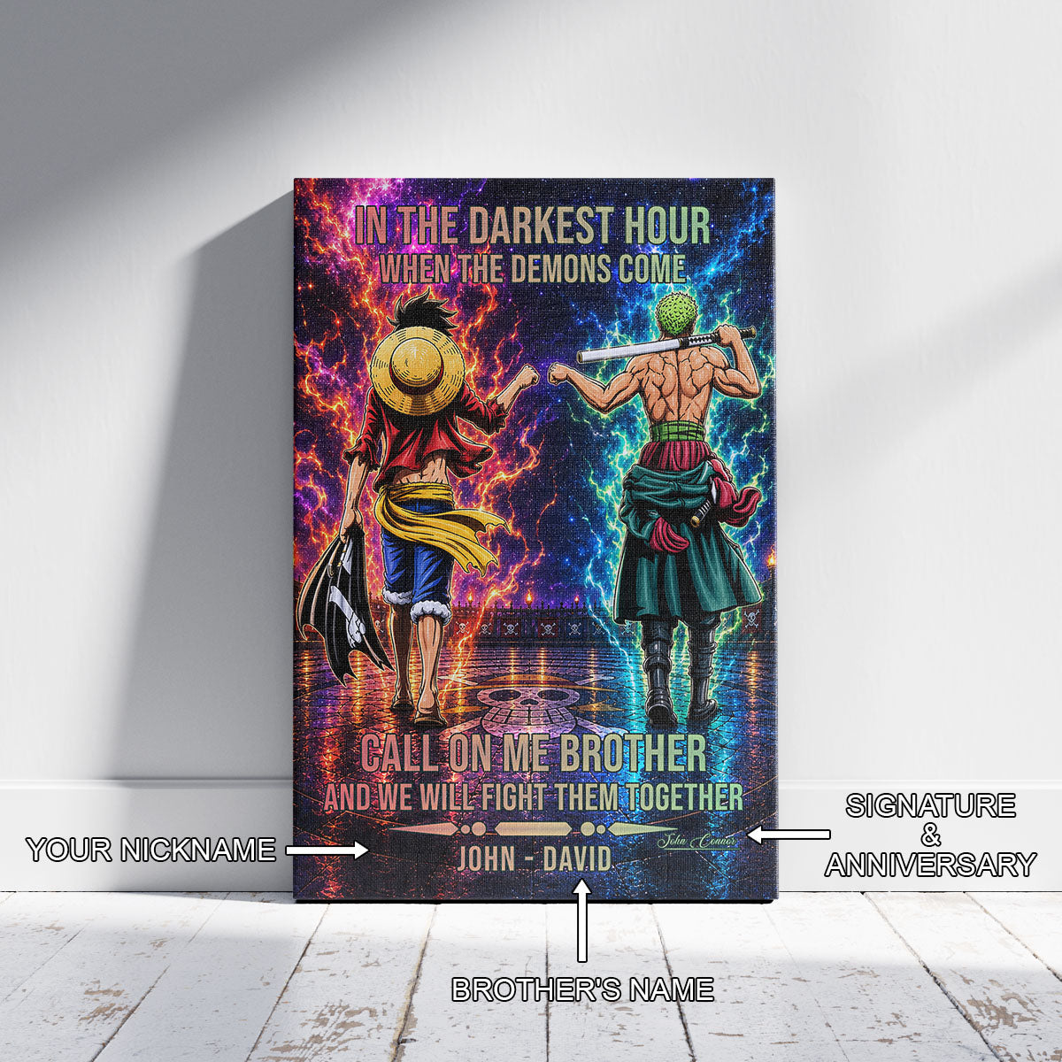 One Piece Luffy Zoro Canvas Wall Art - Call On Me Brother - Brotherhood Quote Poster & Framed Ready to Hang Living Room Man Cave Decor - OP006
