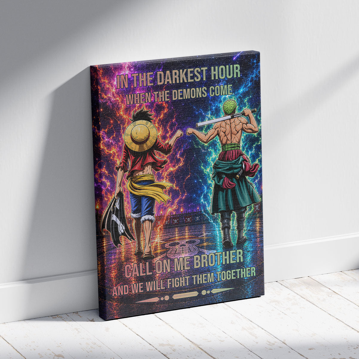 One Piece Luffy Zoro Canvas Wall Art - Call On Me Brother - Brotherhood Quote Poster & Framed Ready to Hang Living Room Man Cave Decor - OP006