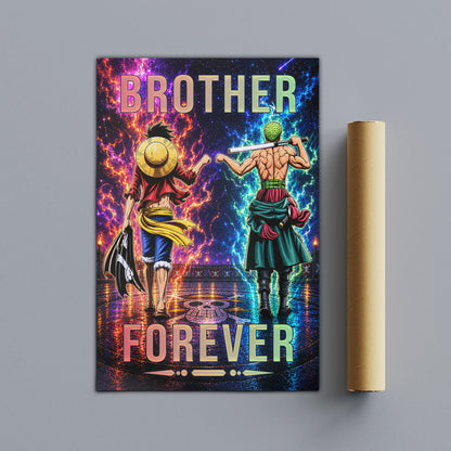 One Piece Luffy Zoro Canvas Wall Art - Brother Forever - Brotherhood Quote Poster & Framed Ready to Hang Living Room Man Cave Decor - OP007