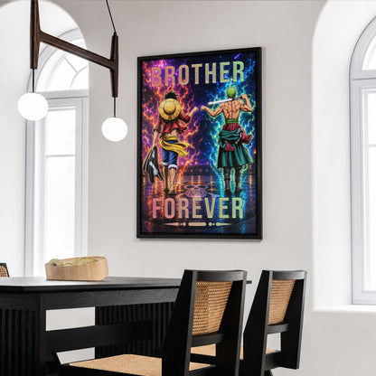 One Piece Luffy Zoro Canvas Wall Art - Brother Forever - Brotherhood Quote Poster & Framed Ready to Hang Living Room Man Cave Decor - OP007