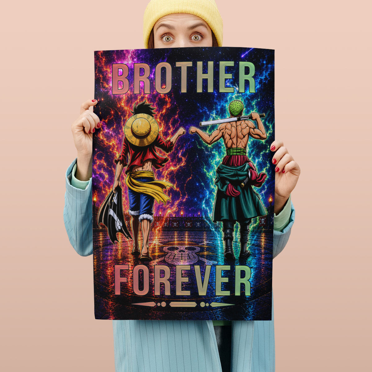One Piece Luffy Zoro Canvas Wall Art - Brother Forever - Brotherhood Quote Poster & Framed Ready to Hang Living Room Man Cave Decor - OP007