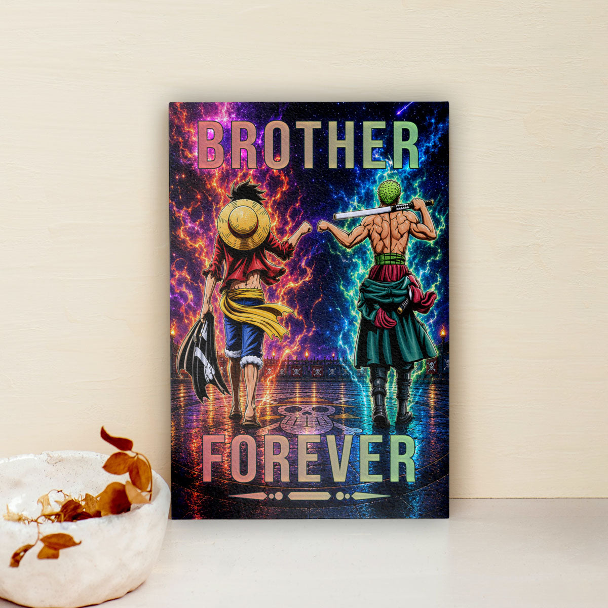One Piece Luffy Zoro Canvas Wall Art - Brother Forever - Brotherhood Quote Poster & Framed Ready to Hang Living Room Man Cave Decor - OP007