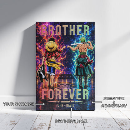 One Piece Luffy Zoro Canvas Wall Art - Brother Forever - Brotherhood Quote Poster & Framed Ready to Hang Living Room Man Cave Decor - OP007