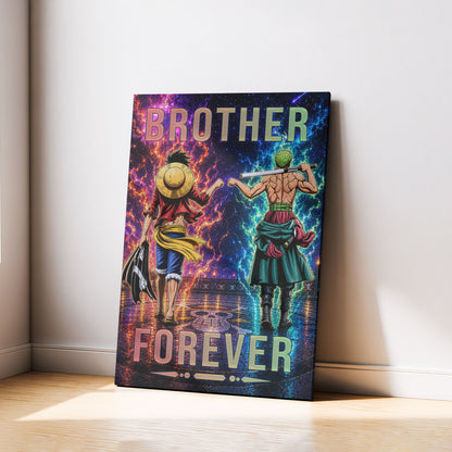 One Piece Luffy Zoro Canvas Wall Art - Brother Forever - Brotherhood Quote Poster & Framed Ready to Hang Living Room Man Cave Decor - OP007