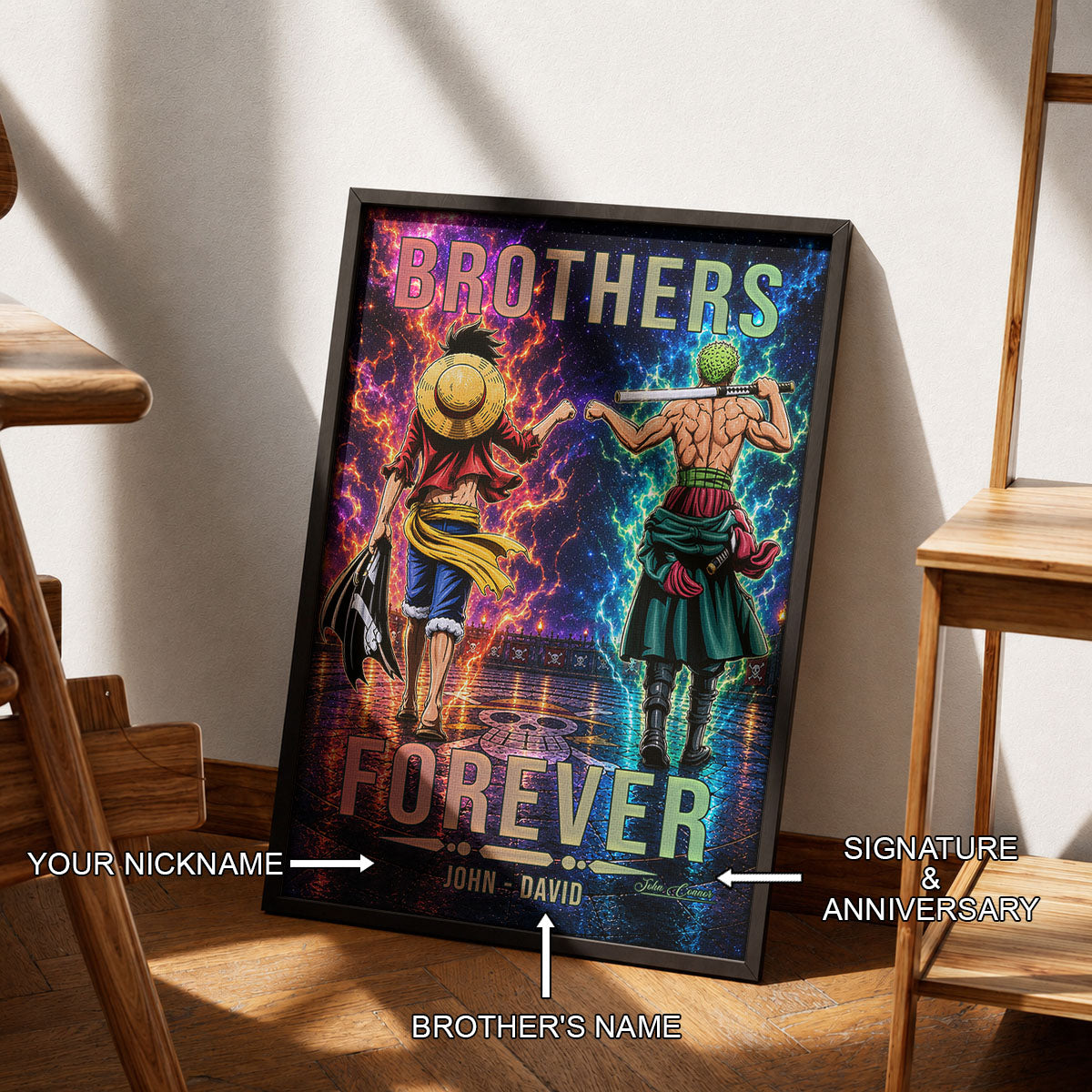 One Piece Luffy Zoro Canvas Wall Art - Brothers Forever - Brotherhood Quote Poster & Framed Ready to Hang Living Room Man Cave Decor - OP008