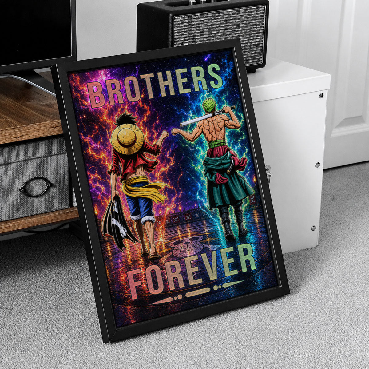 One Piece Luffy Zoro Canvas Wall Art - Brothers Forever - Brotherhood Quote Poster & Framed Ready to Hang Living Room Man Cave Decor - OP008