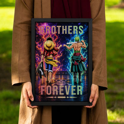 One Piece Luffy Zoro Canvas Wall Art - Brothers Forever - Brotherhood Quote Poster & Framed Ready to Hang Living Room Man Cave Decor - OP008