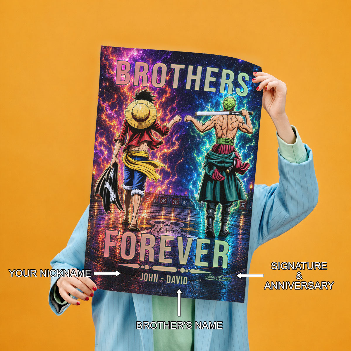 One Piece Luffy Zoro Canvas Wall Art - Brothers Forever - Brotherhood Quote Poster & Framed Ready to Hang Living Room Man Cave Decor - OP008