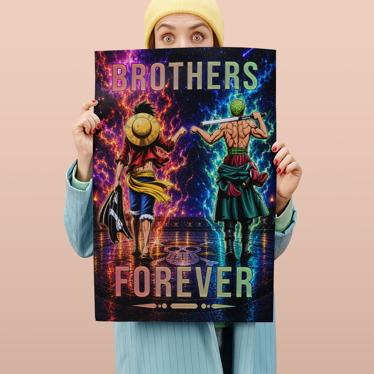 One Piece Luffy Zoro Canvas Wall Art - Brothers Forever - Brotherhood Quote Poster & Framed Ready to Hang Living Room Man Cave Decor - OP008