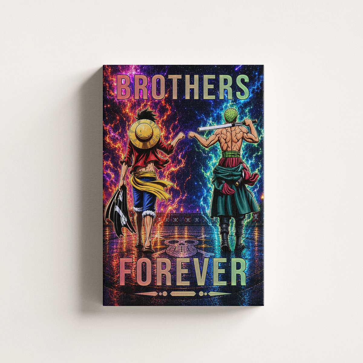 One Piece Luffy Zoro Canvas Wall Art - Brothers Forever - Brotherhood Quote Poster & Framed Ready to Hang Living Room Man Cave Decor - OP008