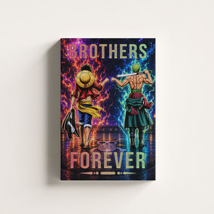 One Piece Luffy Zoro Canvas Wall Art - Brothers Forever - Brotherhood Quote Poster & Framed Ready to Hang Living Room Man Cave Decor - OP008