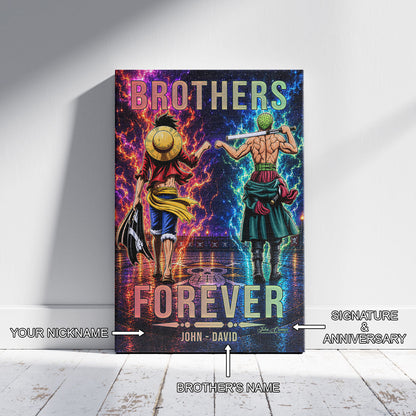 One Piece Luffy Zoro Canvas Wall Art - Brothers Forever - Brotherhood Quote Poster & Framed Ready to Hang Living Room Man Cave Decor - OP008