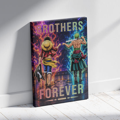One Piece Luffy Zoro Canvas Wall Art - Brothers Forever - Brotherhood Quote Poster & Framed Ready to Hang Living Room Man Cave Decor - OP008