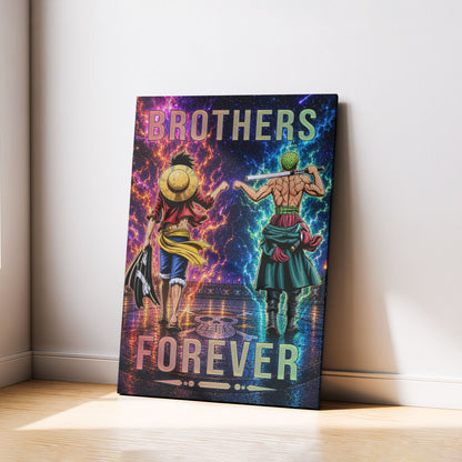 One Piece Luffy Zoro Canvas Wall Art - Brothers Forever - Brotherhood Quote Poster & Framed Ready to Hang Living Room Man Cave Decor - OP008