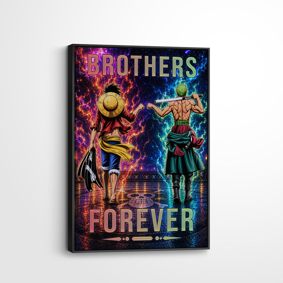 One Piece Luffy Zoro Canvas Wall Art - Brothers Forever - Brotherhood Quote Poster & Framed Ready to Hang Living Room Man Cave Decor - OP008