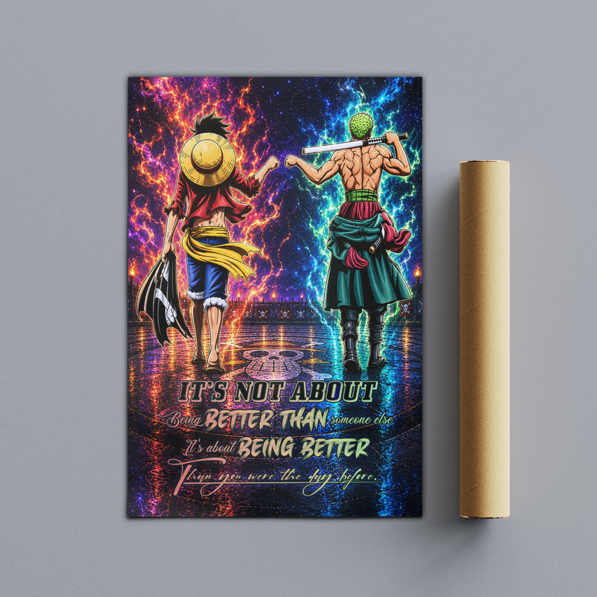 One Piece Luffy Zoro Canvas Wall Art - Being Better Than Yesterday - Motivational Quote Poster & Framed Ready to Hang Living Room Man Cave Decor - OP009