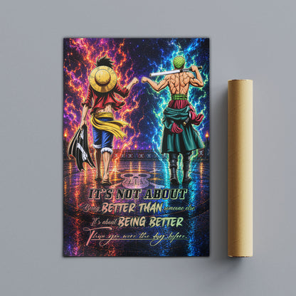 One Piece Luffy Zoro Canvas Wall Art - Being Better Than Yesterday - Motivational Quote Poster & Framed Ready to Hang Living Room Man Cave Decor - OP009