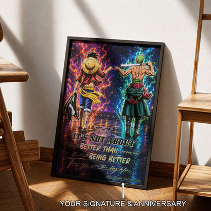 One Piece Luffy Zoro Canvas Wall Art - Being Better Than Yesterday - Motivational Quote Poster & Framed Ready to Hang Living Room Man Cave Decor - OP009
