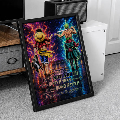 One Piece Luffy Zoro Canvas Wall Art - Being Better Than Yesterday - Motivational Quote Poster & Framed Ready to Hang Living Room Man Cave Decor - OP009