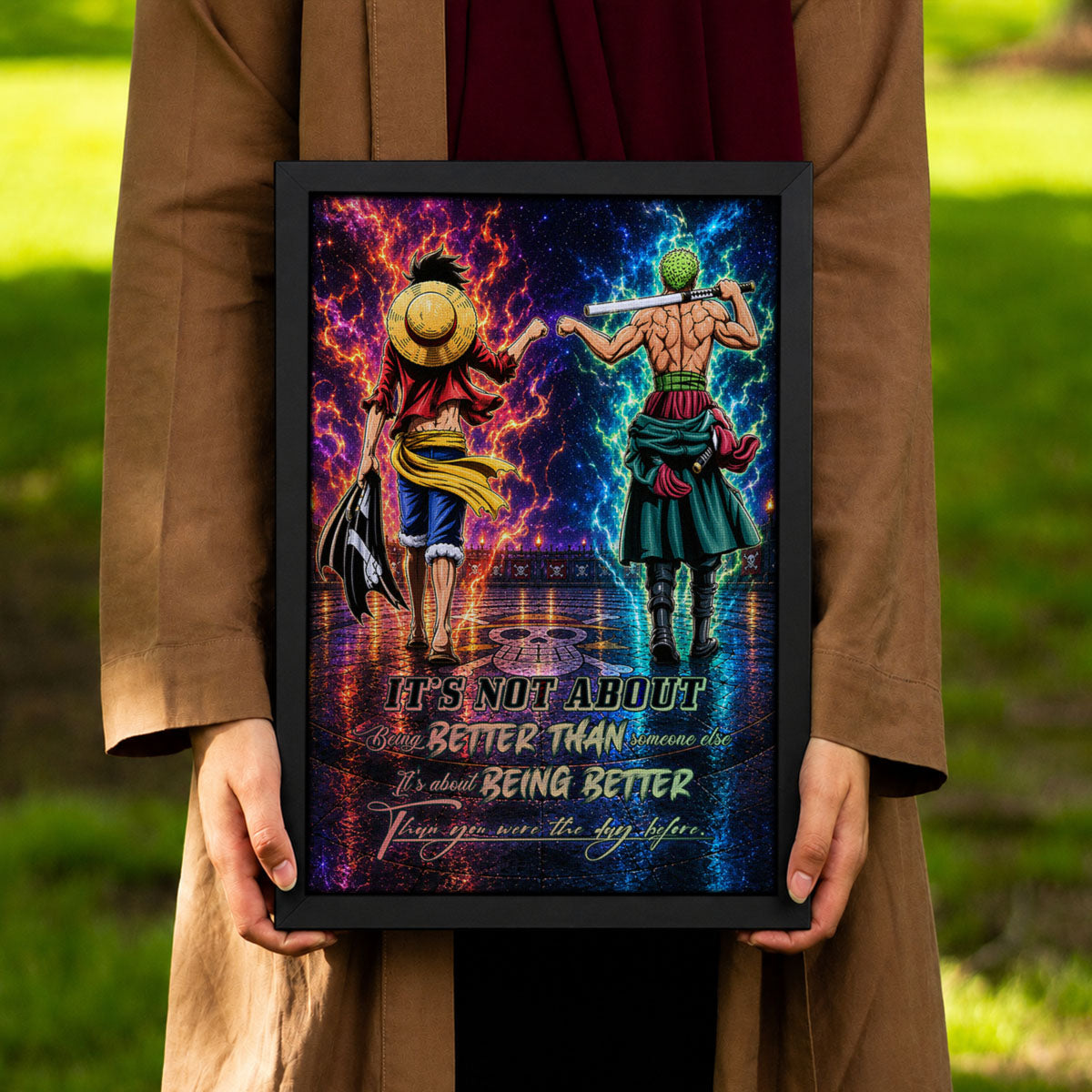 One Piece Luffy Zoro Canvas Wall Art - Being Better Than Yesterday - Motivational Quote Poster & Framed Ready to Hang Living Room Man Cave Decor - OP009