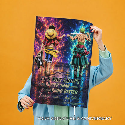 One Piece Luffy Zoro Canvas Wall Art - Being Better Than Yesterday - Motivational Quote Poster & Framed Ready to Hang Living Room Man Cave Decor - OP009