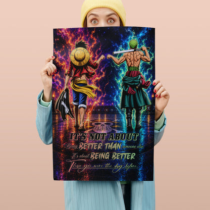 One Piece Luffy Zoro Canvas Wall Art - Being Better Than Yesterday - Motivational Quote Poster & Framed Ready to Hang Living Room Man Cave Decor - OP009