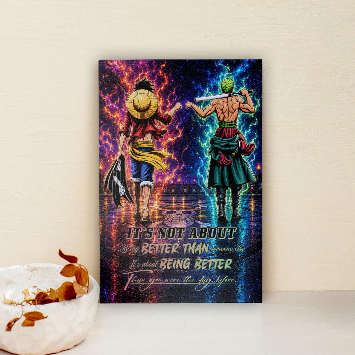 One Piece Luffy Zoro Canvas Wall Art - Being Better Than Yesterday - Motivational Quote Poster & Framed Ready to Hang Living Room Man Cave Decor - OP009