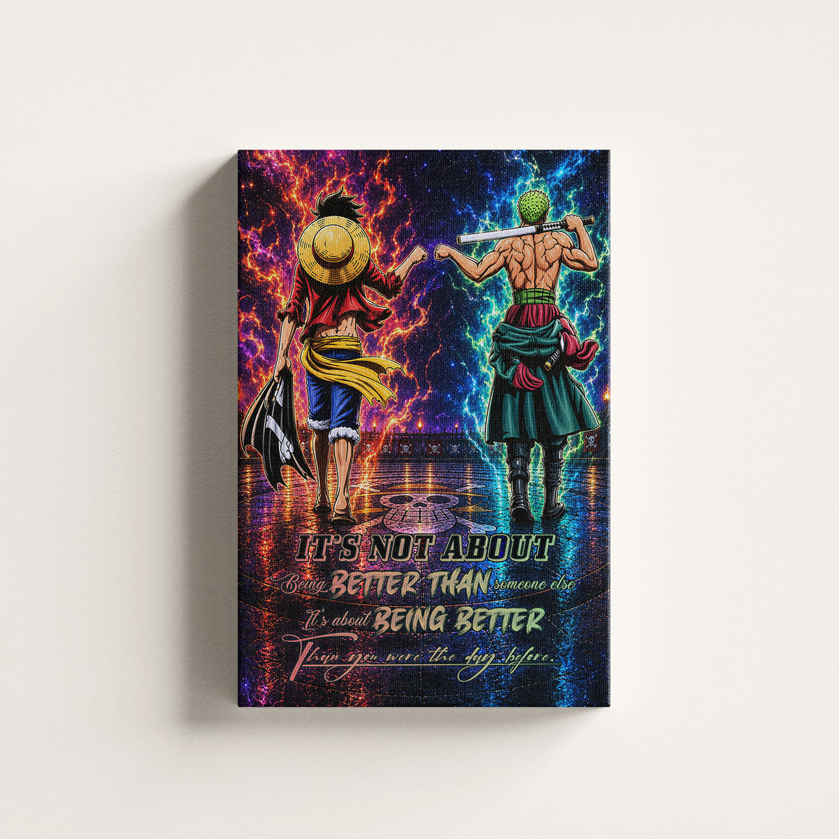 One Piece Luffy Zoro Canvas Wall Art - Being Better Than Yesterday - Motivational Quote Poster & Framed Ready to Hang Living Room Man Cave Decor - OP009