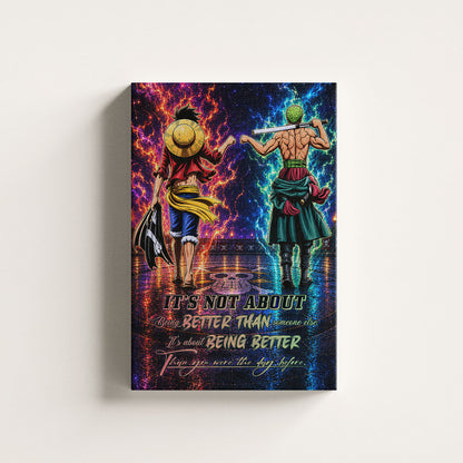 One Piece Luffy Zoro Canvas Wall Art - Being Better Than Yesterday - Motivational Quote Poster & Framed Ready to Hang Living Room Man Cave Decor - OP009