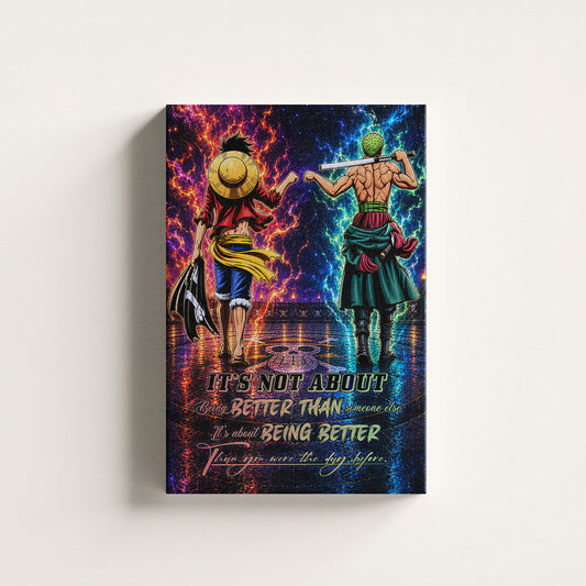 One Piece Luffy Zoro Canvas Wall Art - Being Better Than Yesterday - Motivational Quote Poster & Framed Ready to Hang Living Room Man Cave Decor - OP009