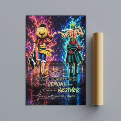 One Piece Luffy Zoro Canvas Wall Art - Call On Me Brother - Brotherhood Quote Poster & Framed Ready to Hang Living Room Man Cave Decor - OP010
