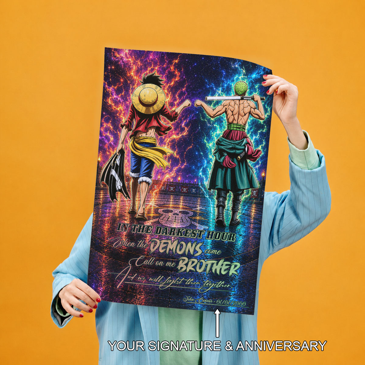 One Piece Luffy Zoro Canvas Wall Art - Call On Me Brother - Brotherhood Quote Poster & Framed Ready to Hang Living Room Man Cave Decor - OP010