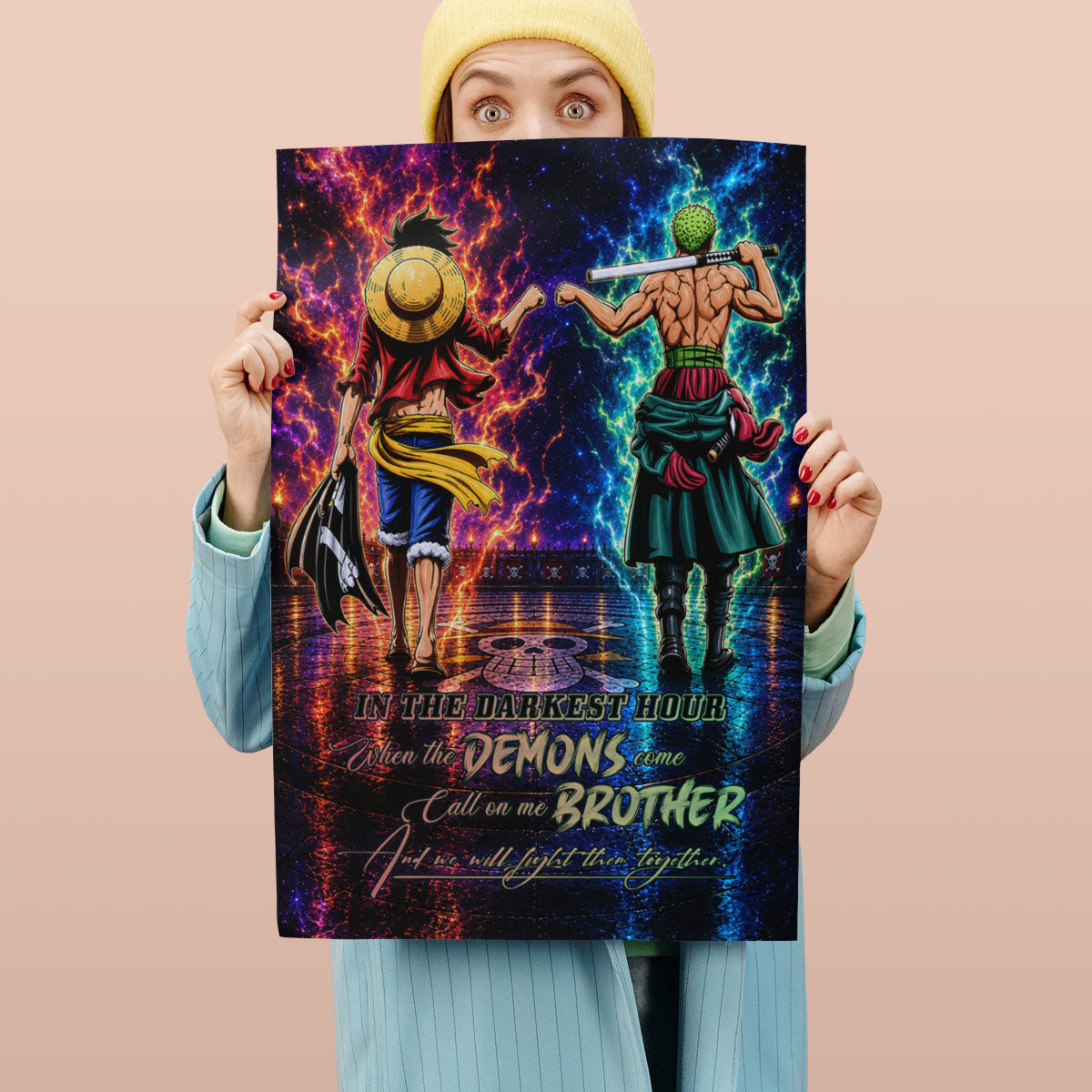 One Piece Luffy Zoro Canvas Wall Art - Call On Me Brother - Brotherhood Quote Poster & Framed Ready to Hang Living Room Man Cave Decor - OP010