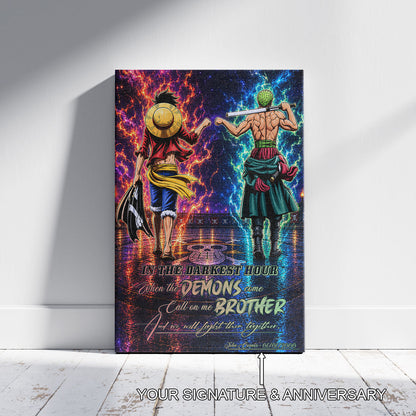 One Piece Luffy Zoro Canvas Wall Art - Call On Me Brother - Brotherhood Quote Poster & Framed Ready to Hang Living Room Man Cave Decor - OP010