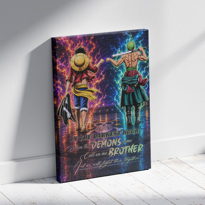 One Piece Luffy Zoro Canvas Wall Art - Call On Me Brother - Brotherhood Quote Poster & Framed Ready to Hang Living Room Man Cave Decor - OP010