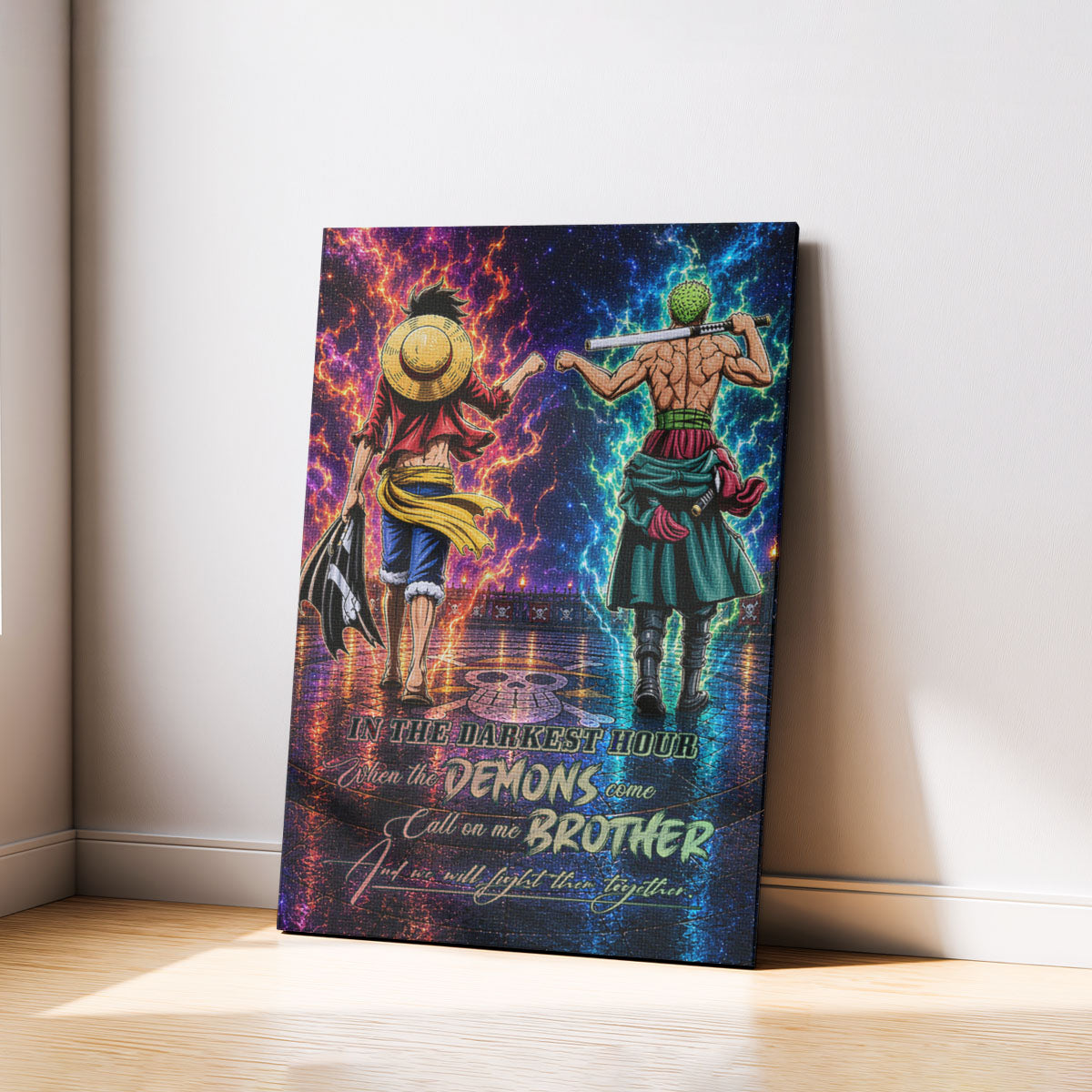 One Piece Luffy Zoro Canvas Wall Art - Call On Me Brother - Brotherhood Quote Poster & Framed Ready to Hang Living Room Man Cave Decor - OP010