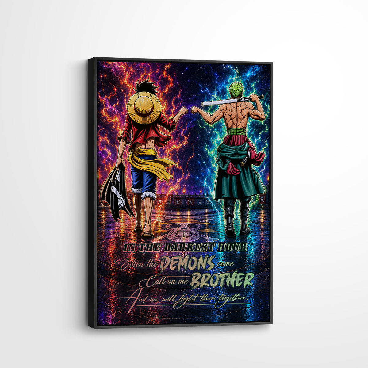 One Piece Luffy Zoro Canvas Wall Art - Call On Me Brother - Brotherhood Quote Poster & Framed Ready to Hang Living Room Man Cave Decor - OP010