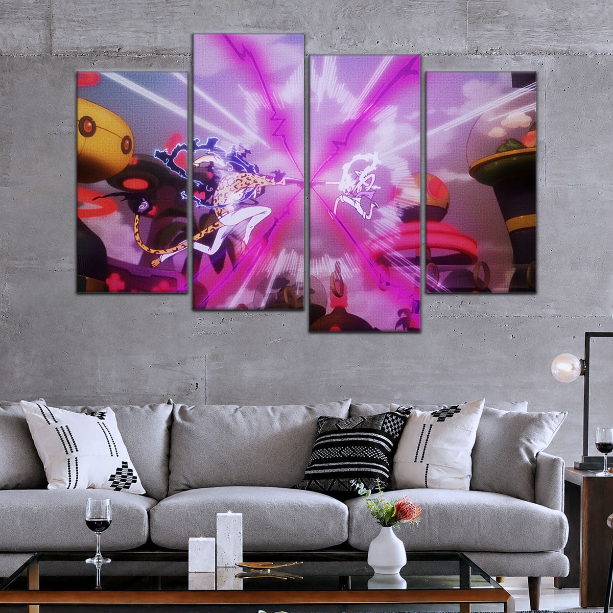 One Piece Canvas Wall Art - Luffy Gear 5 Vs Rob Lucci 5 Piece Split Panel Anime Poster - Framed Ready to Hang Living Room & Man Cave Decor - OP5001