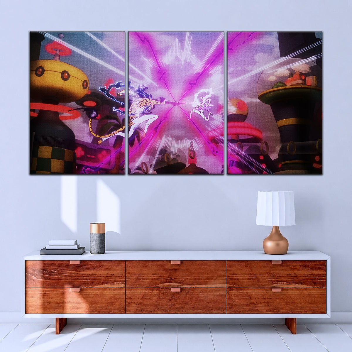 One Piece Canvas Wall Art - Luffy Gear 5 Vs Rob Lucci 5 Piece Split Panel Anime Poster - Framed Ready to Hang Living Room & Man Cave Decor - OP5001