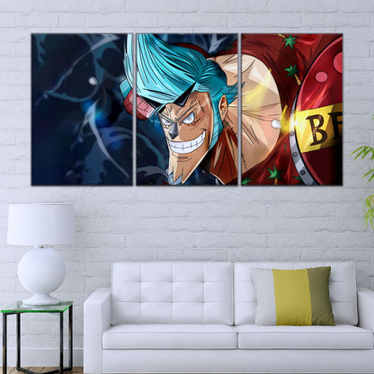 One Piece Canvas Wall Art - Cyborg Franky 5 Piece Split Panel Anime Poster - Framed Ready to Hang Living Room & Man Cave Decor - OP5002