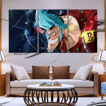 One Piece Canvas Wall Art - Cyborg Franky 5 Piece Split Panel Anime Poster - Framed Ready to Hang Living Room & Man Cave Decor - OP5002