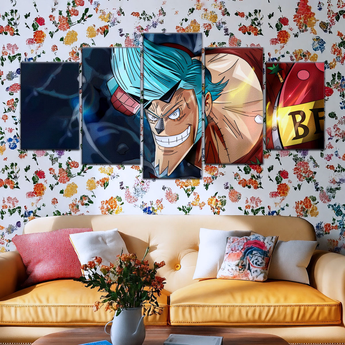 One Piece Canvas Wall Art - Cyborg Franky 5 Piece Split Panel Anime Poster - Framed Ready to Hang Living Room & Man Cave Decor - OP5002