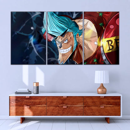 One Piece Canvas Wall Art - Cyborg Franky 5 Piece Split Panel Anime Poster - Framed Ready to Hang Living Room & Man Cave Decor - OP5002